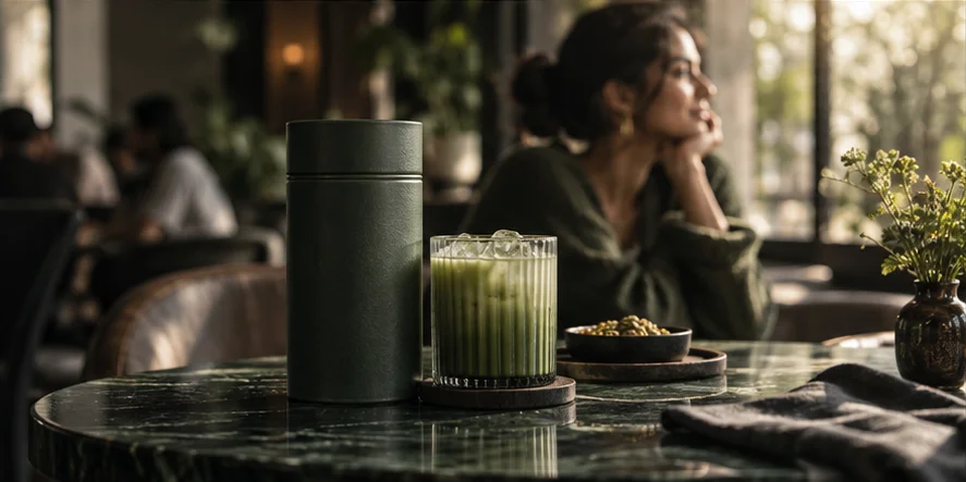 Illustrative brand story scene with a green product tin and a drink on a cafe table.