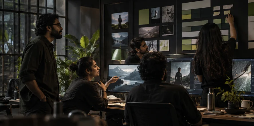 Illustrative creative team reviewing a production plan and cinematic scene references