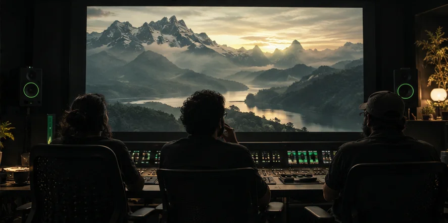 Illustrative production team reviewing a cinematic landscape on a large editing screen.