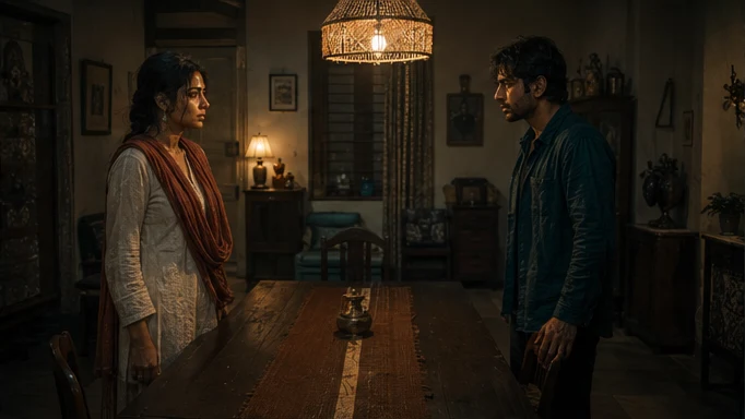 Anaya confronting Kabir in the warmly lit family home