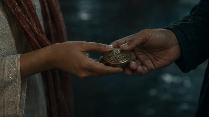 The brass keepsake passing between the same lead characters