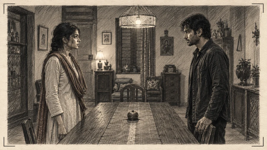 Graphite storyboard of Anaya and Kabir confronting one another across the keepsake in the family home